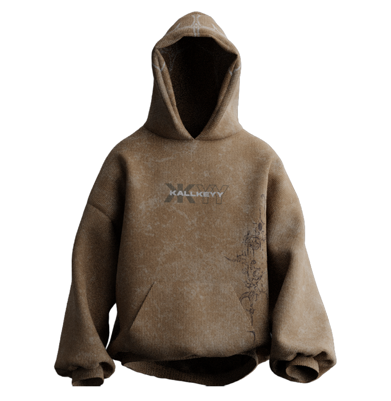 Front view of ANTAHA-YUGAYSA premium heavyweight oversized hoodie in khaki olive brown featuring centered KALLKEYY branding and intricate side embroidery graphics.