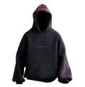 Front view of KAAL-DRISHTA premium heavyweight oversized hoodie in black featuring minimalist KALLKEYY chest branding and red tribal flame sleeve graphics.