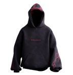 Front view of KAAL-DRISHTA premium heavyweight oversized hoodie in black featuring minimalist KALLKEYY chest branding and red tribal flame sleeve graphics.