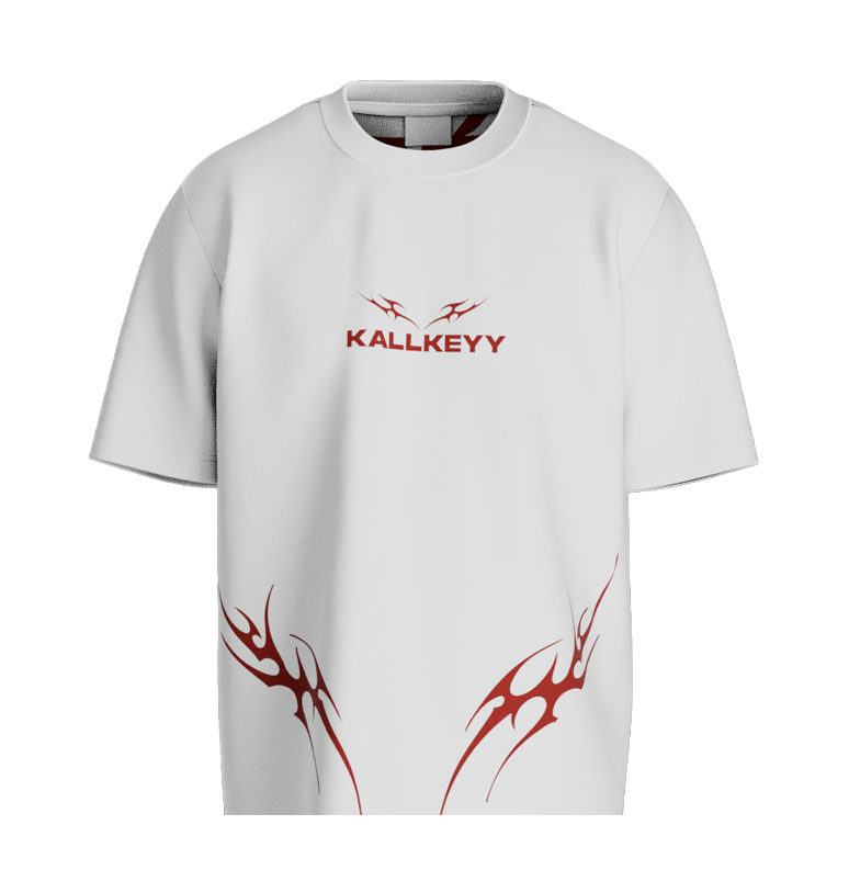 Front view of MRITYO-BADDHA oversized graphic tee in premium off-white featuring red KALLKEYY typography branding and red tribal flame accents along the bottom.