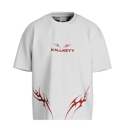 Front view of MRITYO-BADDHA oversized graphic tee in premium off-white featuring red KALLKEYY typography branding and red tribal flame accents along the bottom.