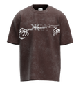 Front view of SMARA-JIVITAM oversized graphic tee in distressed vintage brown featuring a central KALLKEYY logo framed by two reaching skeleton hands.