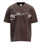 Front view of SMARA-JIVITAM oversized graphic tee in distressed vintage brown featuring a central KALLKEYY logo framed by two reaching skeleton hands.