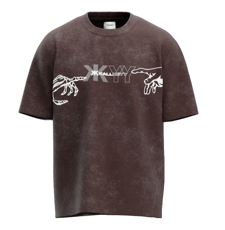Front view of SMARA-JIVITAM oversized graphic tee in distressed vintage brown featuring a central KALLKEYY logo framed by two reaching skeleton hands.