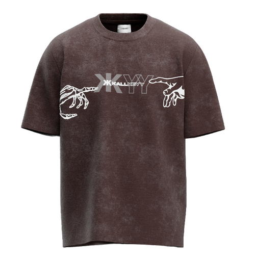 Front view of SMARA-JIVITAM oversized graphic tee in distressed vintage brown featuring a central KALLKEYY logo framed by two reaching skeleton hands.